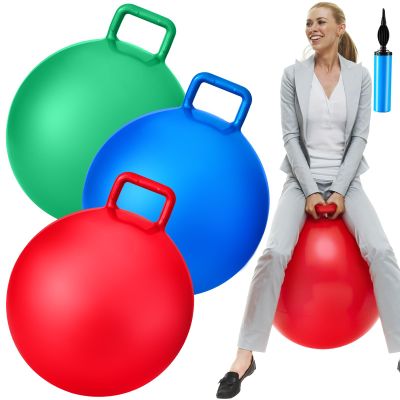 Lewtemi 3 Pcs 29 Inch Bouncing Ball with Handle, Outdoors Hopper Jumping Hopping Ball and Air Pump for Sports Exercise (Red, Blue, Green)