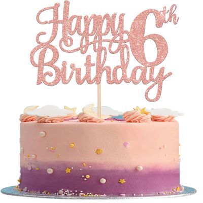 1 PCS Happy 6th Birthday Cake Topper Glitter Cheers to 6 Years Cake Pick Number 6 Fabulous Cake Decoration for 6th Birthday Party Decorations Supplies Rose Gold