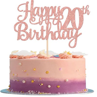 1 PCS Happy 20th Birthday Cake Topper Glitter Cheers to 20 Years Birthday Cake Pick Twenty 20 Fabulous Cake Decoration for Happy 20th Birthday Theme Party Decorations Supplies Rose Gold