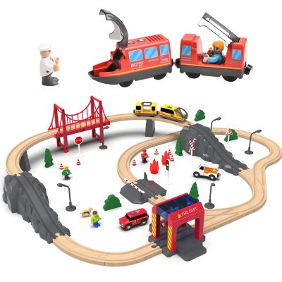 72PCS Wooden Fire Station Train Sets+2PCS Battery Operated Action Locomotive Trains