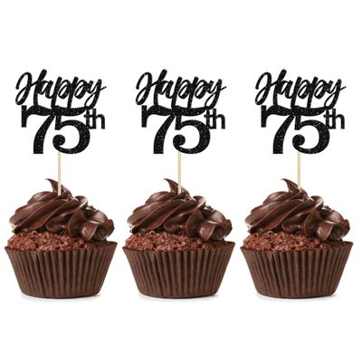 Gyufise 24Pcs Happy 75th Cupcake Toppers Glitter Number 75 Seventy Five Cheers to 75 Cupcake Food Picks Decorations for 75th Birthday Wedding Anniversary Party Supplies Black