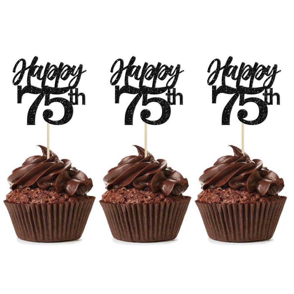 Gyufise 24Pcs Happy 75th Cupcake Toppers Glitter Number 75 Seventy Five Cheers to 75 Cupcake Food Picks Decorations for 75th Birthday Wedding Anniversary Party Supplies Black