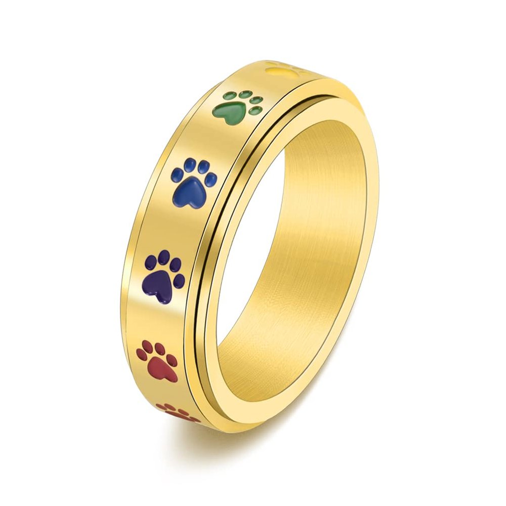 ANIEJUFI Stainless Steel Spinner Anxiety Ring Puppy Dog Paw Cat Footprints Rainbow Fidget Rings for Men Women Gold Size 6