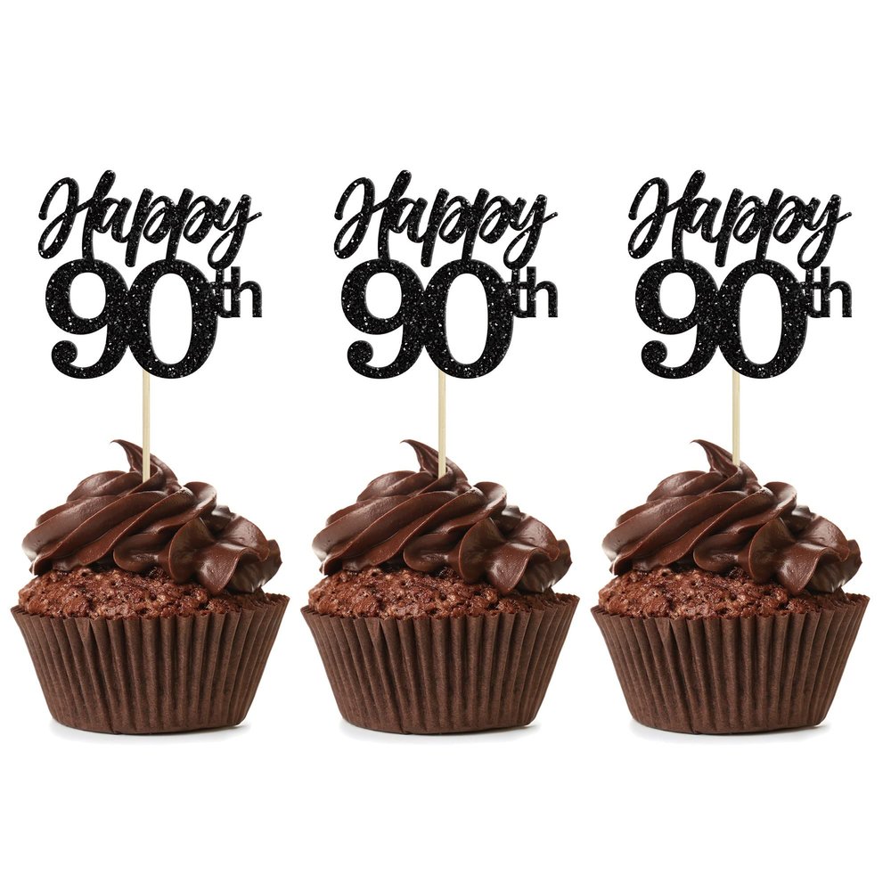 Gyufise 24Pcs Happy 90th Cupcake Toppers Glitter Number 90 Ninety Cheers to 90 Cupcake Food Picks Decorations for 90th Birthday Wedding Anniversary Party Supplies Black