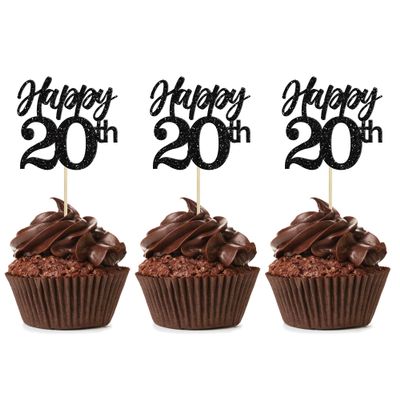 Gyufise 24Pcs Happy 20th Cupcake Toppers Glitter Number 20 Twenty Cheers to 20 Cupcake Food Picks Decorations for 20th Birthday Wedding Anniversary Party Supplies Black
