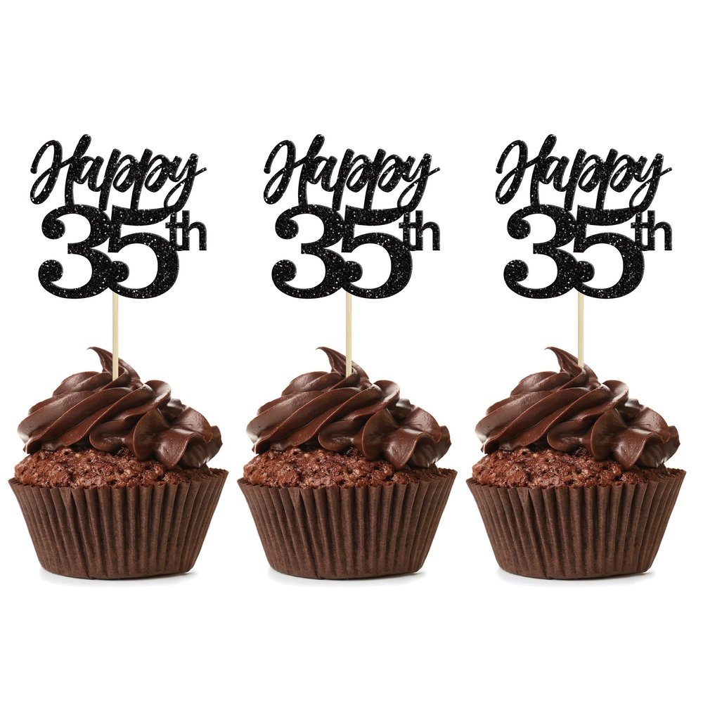 Gyufise 24Pcs Happy 35th Cupcake Toppers Glitter Number 35 Cupcake Picks Decorations for 35th Birthday Wedding Anniversary Party Supplies Black