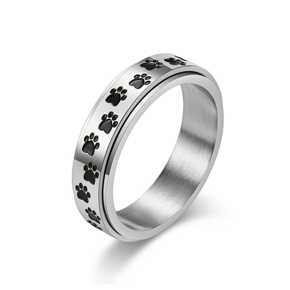 ANIEJUFI Men's Women's Stainless Steel Fidget Spinner Rings Puppy Dog Cat Paw Cute Animal Footprints Stress Relieving Anxiety Ring Silver Size 7