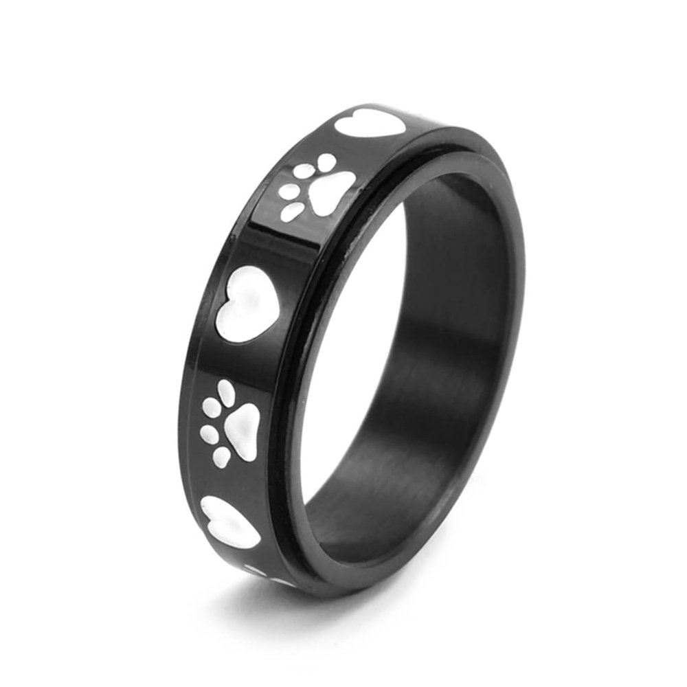 ANIEJUFI Stainless Steel Spinner Ring Puppy Dog Cat Paw Footprints Love Heart Fidget Anxiety Ring for Men Women Black Size 7