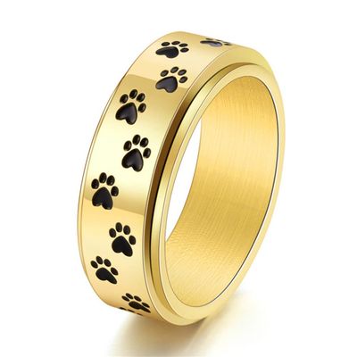ANIEJUFI Stainless Steel Spinner Rings Puppy Dog Cat Paw Cute Footprints Stress Relieving Fidget Anxiety Ring for Men Women Gold Size 6