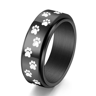 ANIEJUFI Stainless Steel Spinner Rings Puppy Dog Cat Paw Cute Footprints Stress Relieving Fidget Anxiety Ring for Men Women Black White Size 11