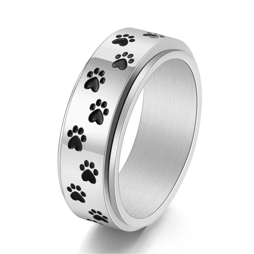 ANIEJUFI Stainless Steel Spinner Rings Puppy Dog Cat Paw Cute Footprints Stress Relieving Fidget Anxiety Ring for Men Women Silver Size 10