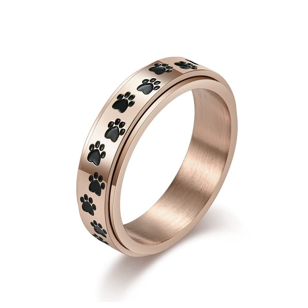 ANIEJUFI Men's Women's Stainless Steel Fidget Spinner Rings Puppy Dog Cat Paw Cute Animal Footprints Stress Relieving Anxiety Ring Rose Gold Size 6