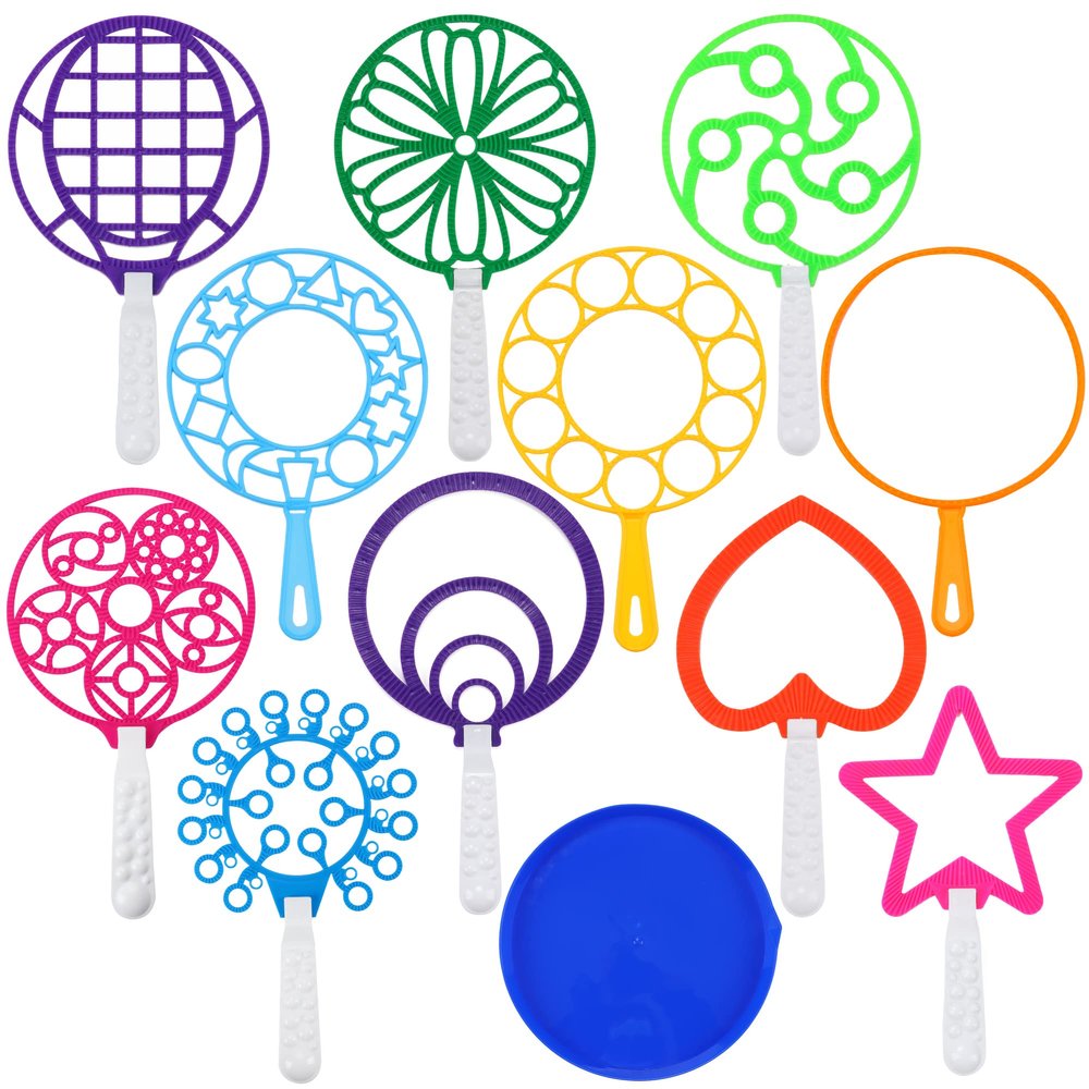 Oun Nana Large Bubble Wands Set with Tray for Kids Toddlers, 12 PCS Plastic Big Giant Bubble Wand Kit Toys Bulk for Summer Outdoor Playtime Activity Party Favors Gifts Birthday Games