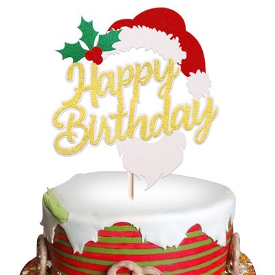 1 Pack Merry Christmas Happy Birthday Cake Topper Cupcake Picks for Christmas Birthday Baby Shower Cake Decorations Supplies Gold