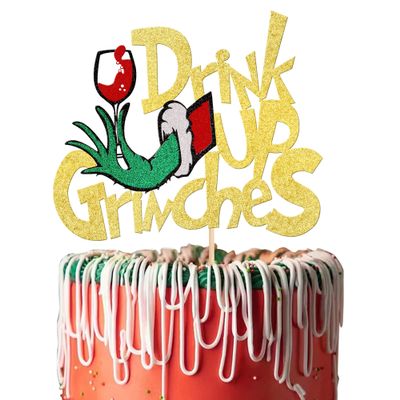 1 Pack Drink Up Christmas Cake Topper Black Glitter Merry Christmas Cake Picks for Holiday Party Cake Decorations Supplies Gold