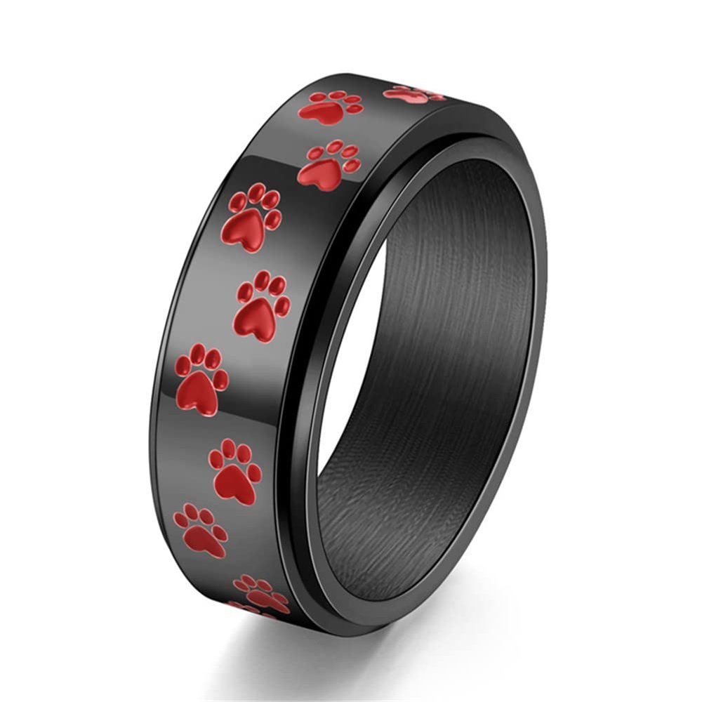 ANIEJUFI Stainless Steel Spinner Rings Puppy Dog Cat Paw Cute Footprints Stress Relieving Fidget Anxiety Ring for Men Women Black Red Size 7