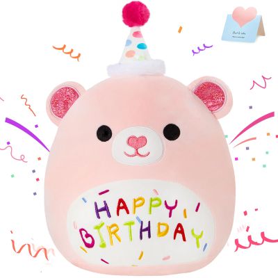 BSTAOFY 14'' Birthday Teddy Bear Plush Pillow Pink Bear Stuffed Animal Soft Plush Toy Cute Plushie Doll Gifts for Kids Girls Boys Birthday Party Decor