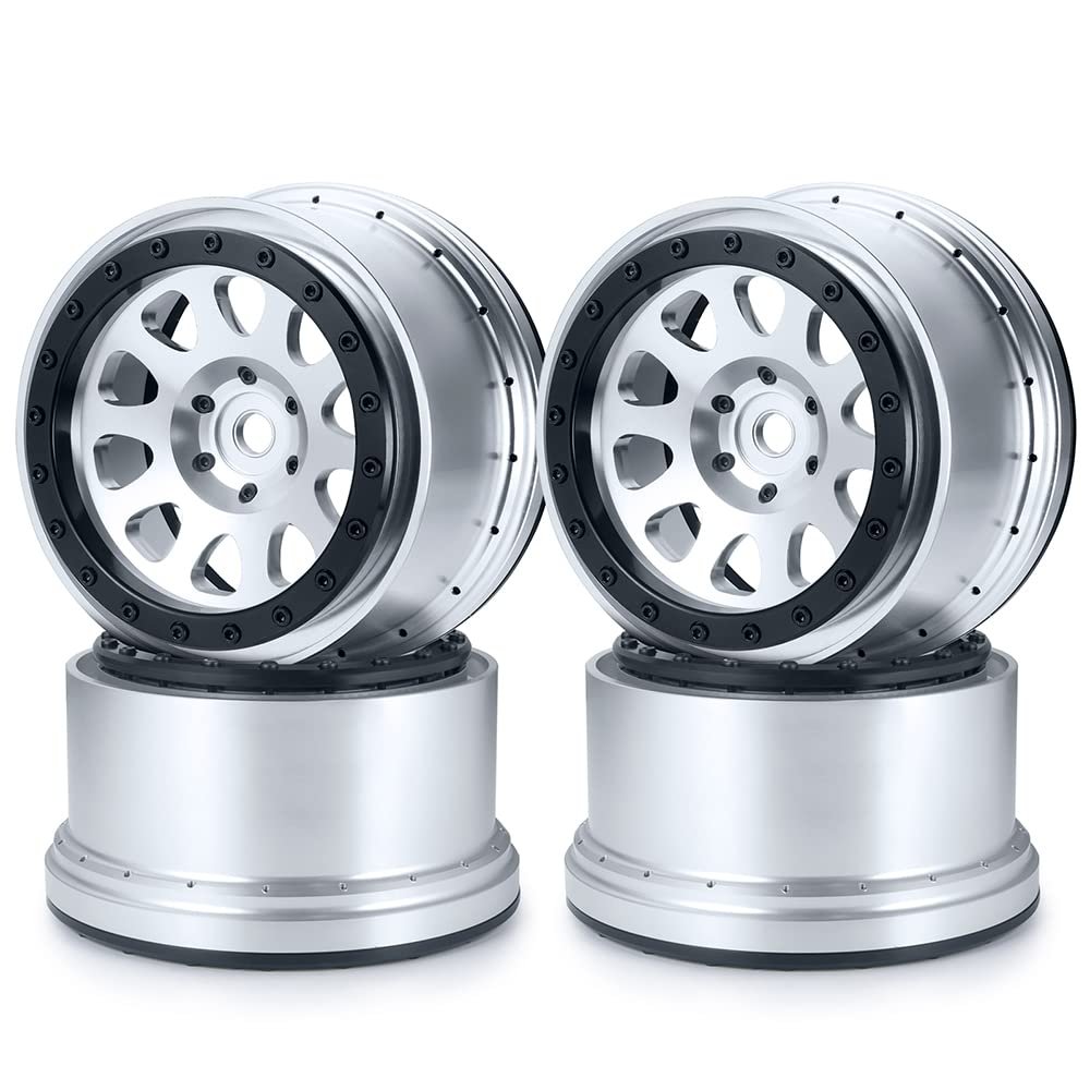RCHUBAM 4PCS 4.3" Beadlock Wheels Metal Wheel Rims for 1/5 TRX X-MAXX Badlands MX43#10151-13/00 RC Buggy Car (Silver+Black)