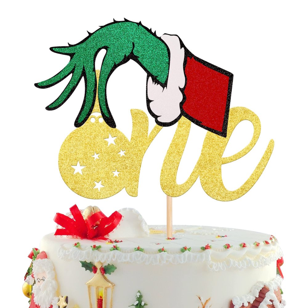 1 Pack Christmas One Cake Topper with Glitter Christmas Hand First Birthday Cake Topper Picks Decorations for Christmas Theme Baby Shower 1st Birthday Party Decorations Supplies Gold