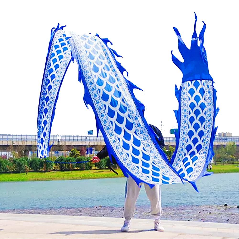 19.6 ft Blue Celadon Dragon Ribbon Poi, Outdoor Fitness Dragon POI with Fiberglass Wand 3D Real-Like Dragon Ribbon Streamer Set