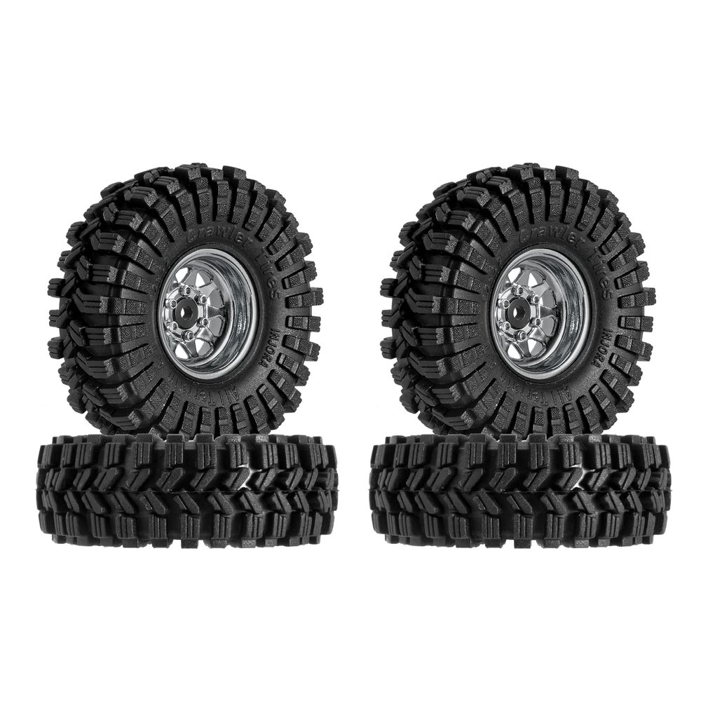 INJORA 1.0 Beadlock Wheel Tires Set -3.78mm Offset Wheel Rims for 1/18 1/24 RC Crawler Car Axial AX24 SCX24 FMS FCX24 TRX4M,Silver(W1004-T1014)
