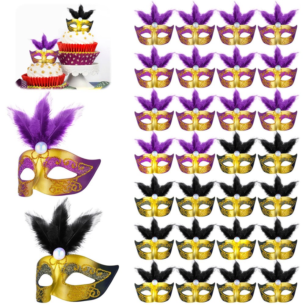 28 Pieces Mini Masks Tiny Mardi Gras Mask Small Masquerade Masks Masquerade Party Decorations Mask Cake Toppers Cupcake Topper for Masquerade Mardi Gras Carnival Cake Table Decorations, 2 Styles