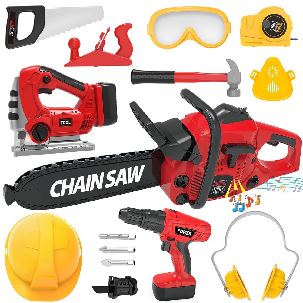 Kids Construction Tool Set for Halloween Toddler Boys Girls 3+ Ages,Red Preschool Pretend Play Tool,Toddler Toys with Electric Toy Chainsaw, Drill Toy,Toy Tools Christmas for Kids