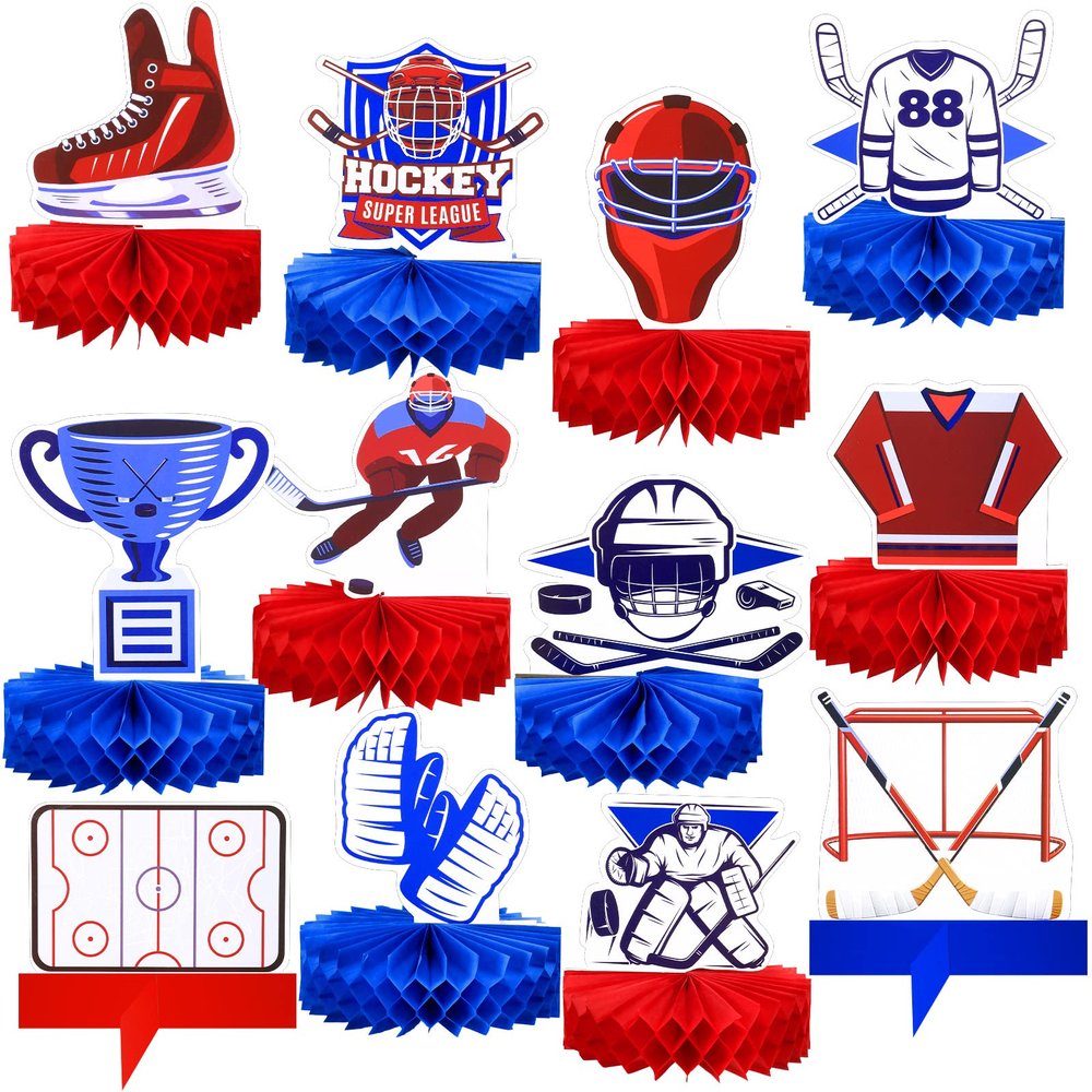 12 Pcs Hockey Decorations for Tables Ice Hockey Honeycomb Table Centerpieces Birthday Party Supplies Sports Decor for Men Women Theme Gifts Decor