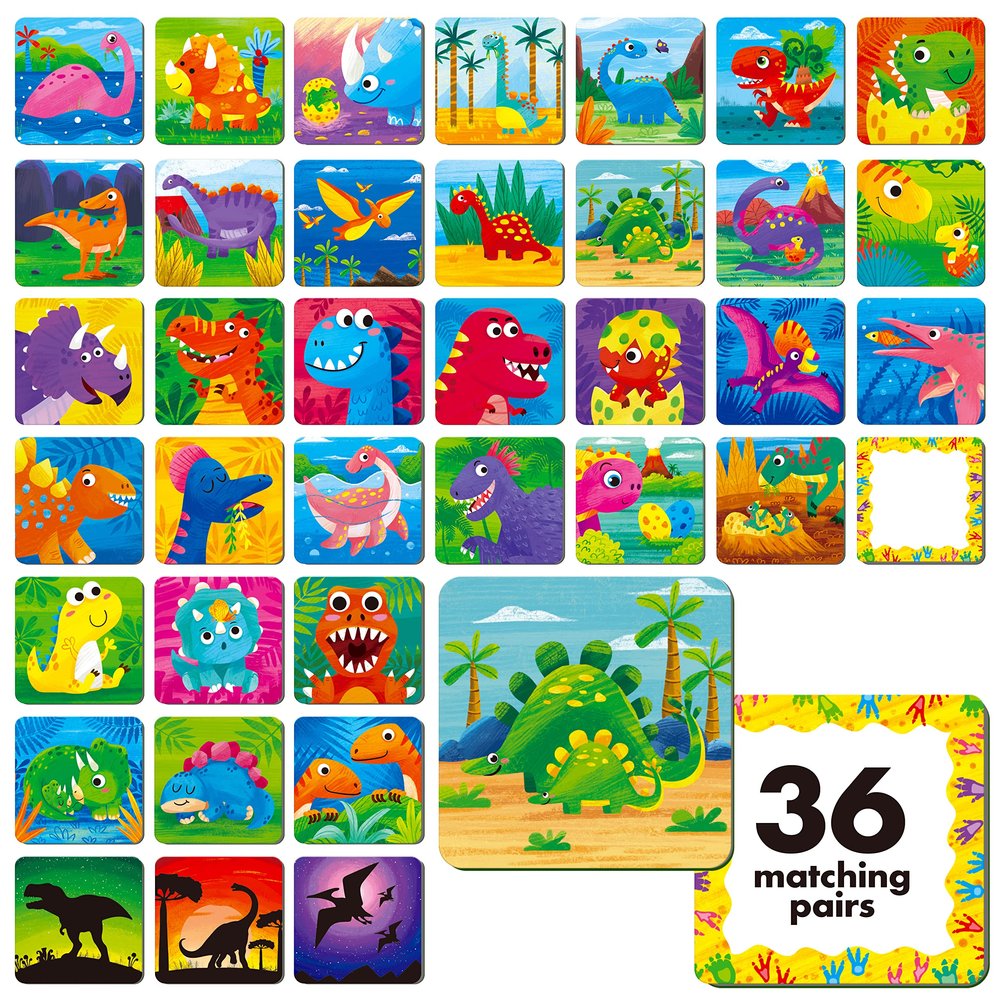 Memory Matching Game, 72 PCS Dinosaurs Matching Cards for Toddlers 36 Pairs Memory Cards Educational Toys for Preschool 4 5 6 Years Old
