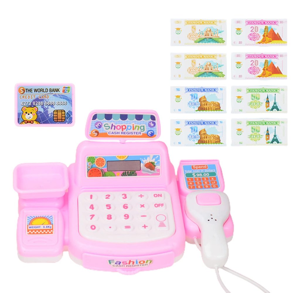 Toy Cash Register for Kids, Plastic Parent-child Interactive Cash Register Toy Gift for Toddlers Boys Girls Pink