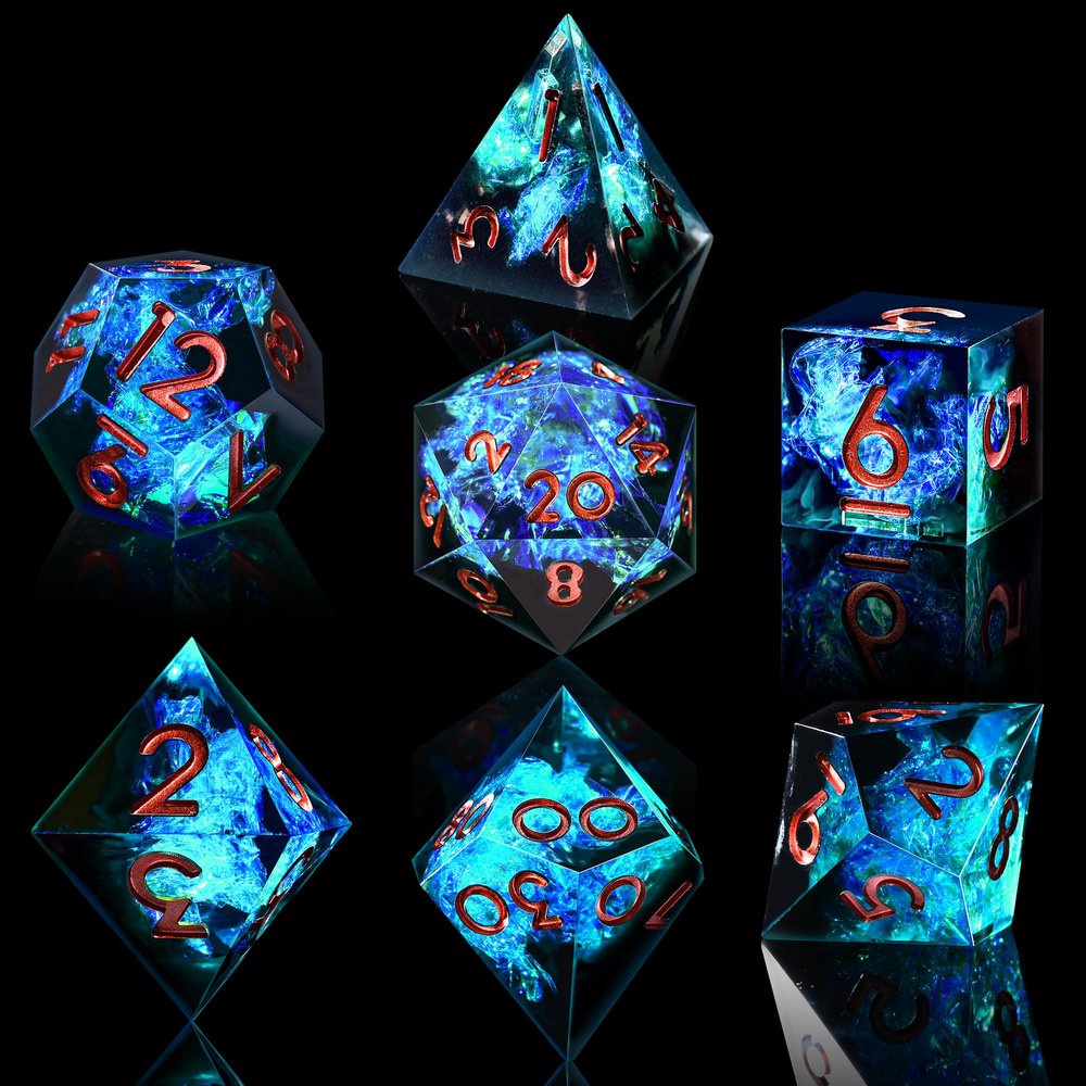 AUSTOR 7-Die DND Dice Set, Handmade Sharp Edge Polyhedral Dice for Dungeons and Dragons RPG MTG Table GamesBlack & Blue