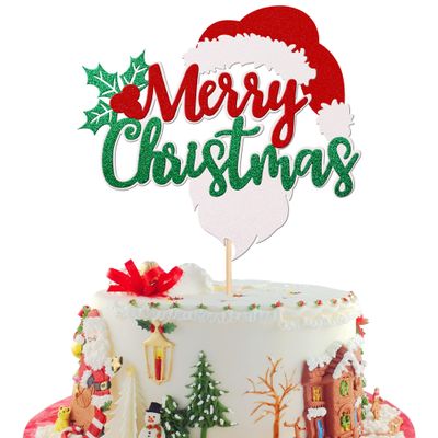 1 PCS Merry Christmas Cake Topper Assembled Green Red Glitter Santa Claus Beard Cake Pick Holly Leaves and Berries Xmas Cake Decoration for Merry Christmas Theme New Year Holiday Party Supplies