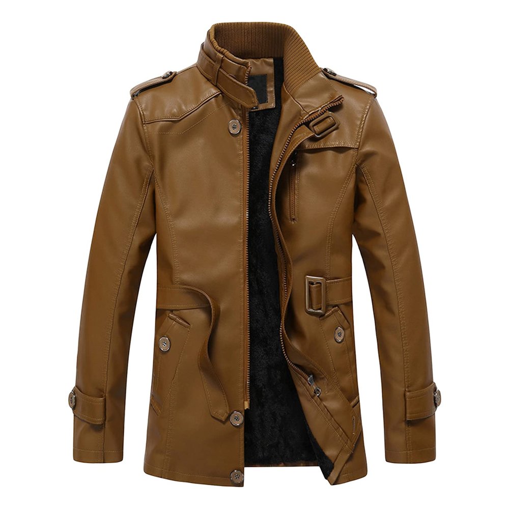 Maiyifu-GJ Men Faux Pu Leather Trench Coat Single Breasted Slim Stand Collar Jacket Lightweight Buttons Windproof Overcoat (Yellow,3X-Large)