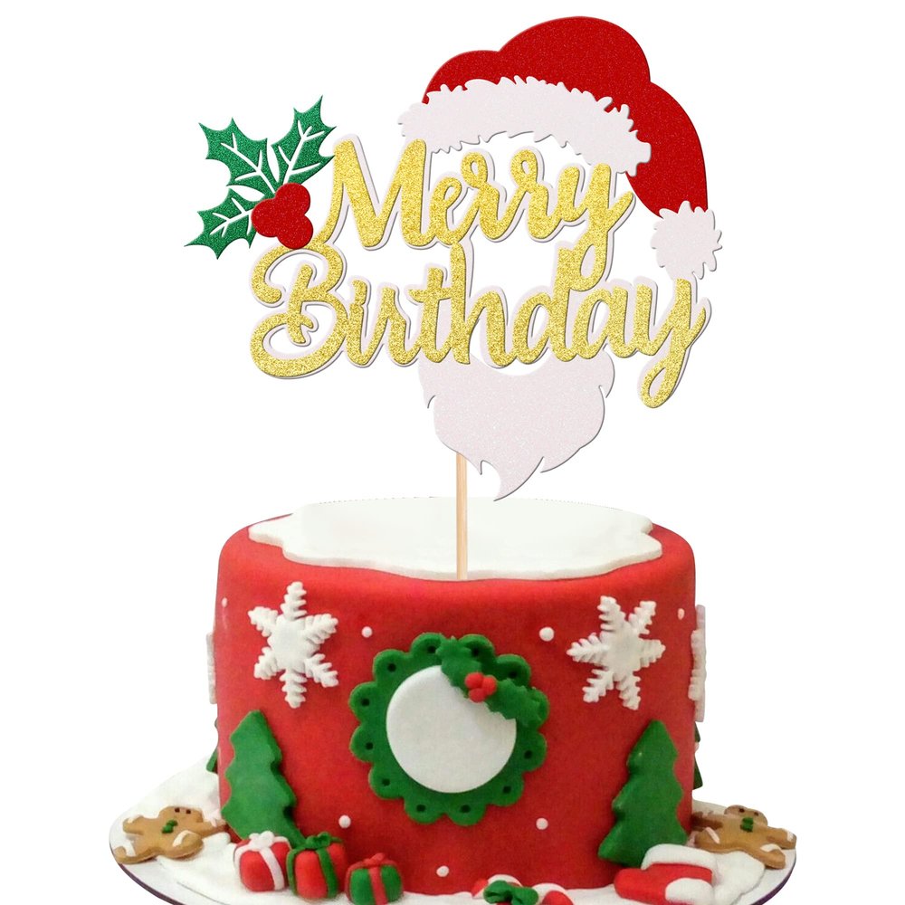 1 PCS Merry Birthday Cake Topper Assembled Glitter Holly Leaves and Berries Santa Claus Beard Cake Pick for Merry Christmas Theme Baby Shower Kids Birthday Party Cake Decorations Supplies Gold