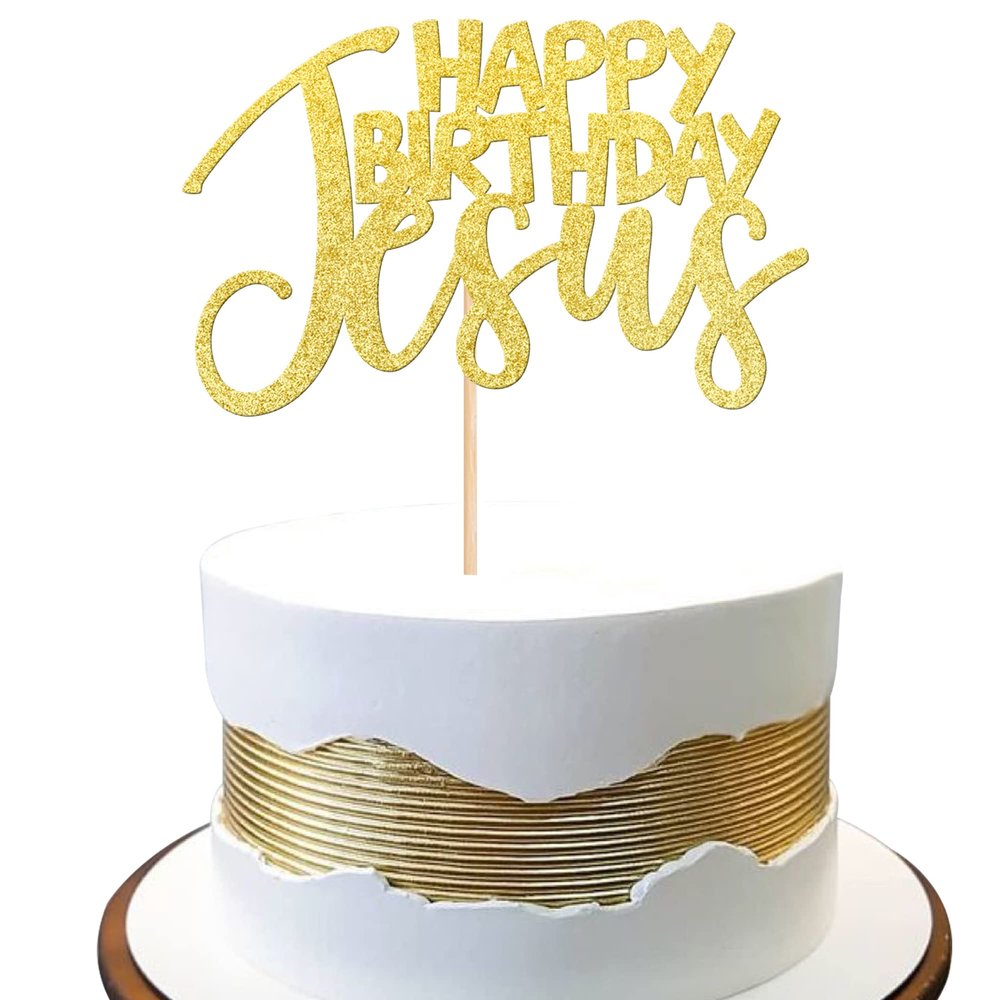 1 PCS Happy Birthday Jesus Cake Topper Assembled Glitter Jesus Birthday Cake Pick Merry Christmas Cake Decorations for Nativity Scene Christmas Birthday Party Supplies Gold