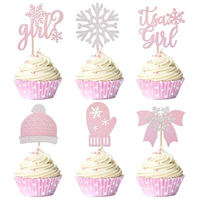 24 Pack Snowflake It's a Girl Cupcake Toppers Glitter Oh Baby Gloves Hats Winter Frozen Cupcake Picks Baby Girl Wonderland Xmas Girls Birthday Baby Shower Cake Decorations Party Supplies Pink