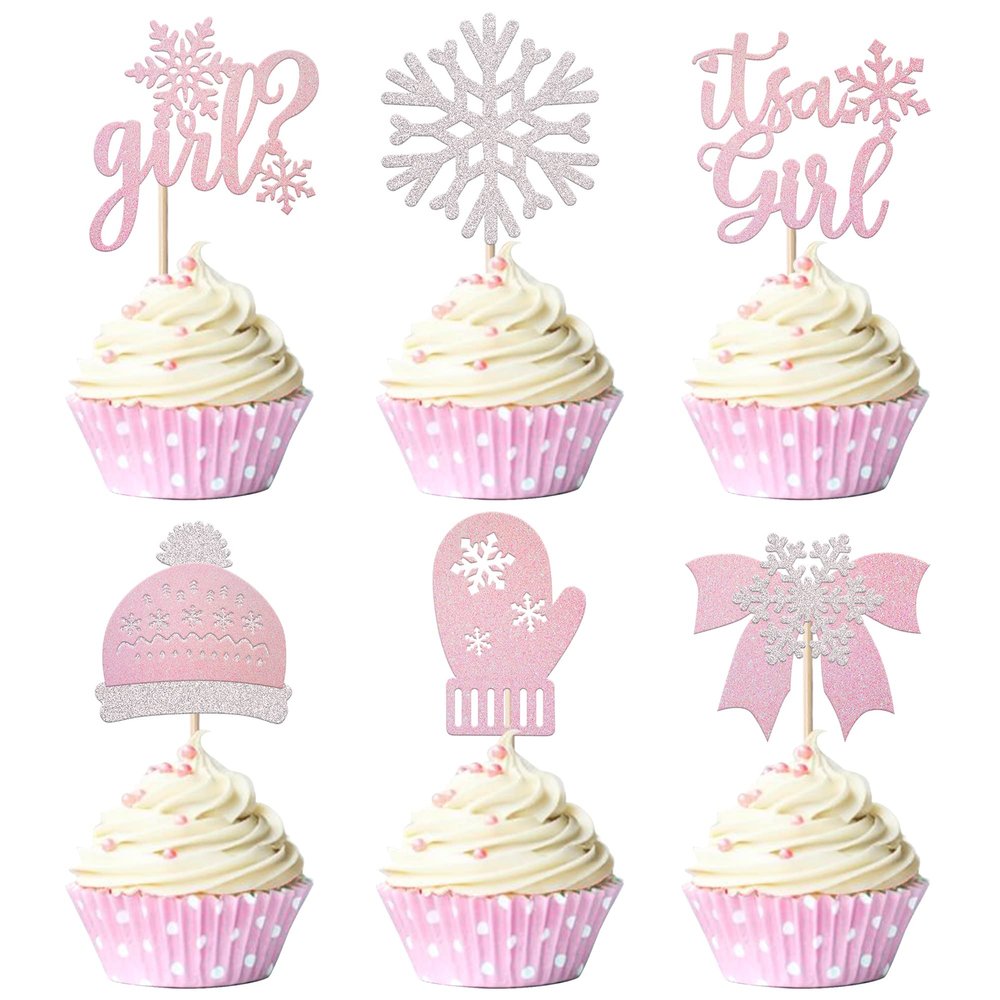 24 Pack Snowflake It's a Girl Cupcake Toppers Glitter Oh Baby Gloves Hats Winter Frozen Cupcake Picks Baby Girl Wonderland Xmas Girls Birthday Baby Shower Cake Decorations Party Supplies Pink