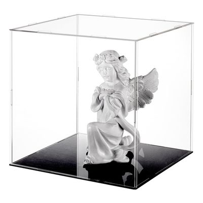 FINGERINSPIRE Clear Acrylic Display Case with Black Base & 4 Pcs Rubber Rings 10x10x10 Inch Cube Clear Self-Assembly Acrylic Box Dustproof Protection Showcase for Action Figures Collectibles Toys