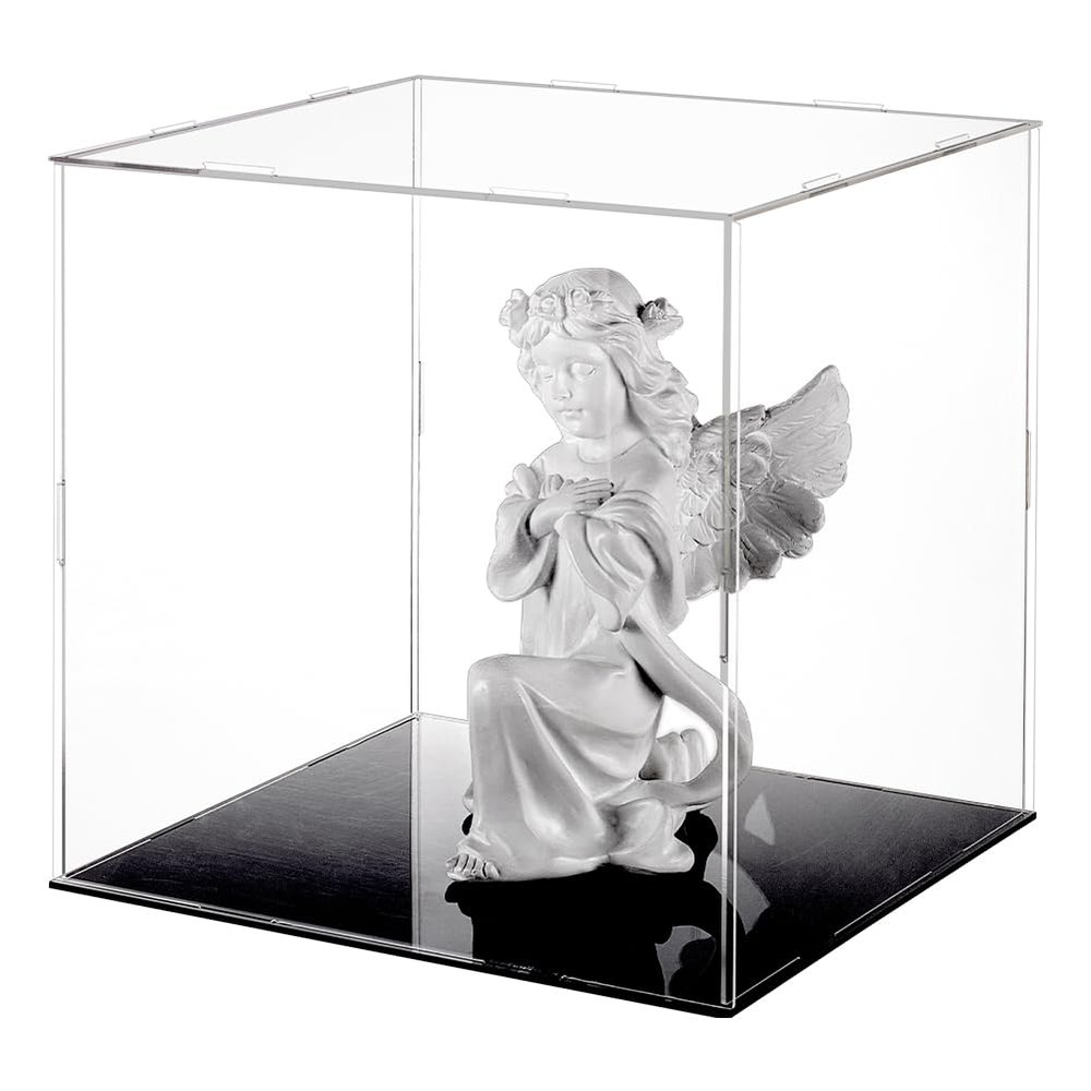 FINGERINSPIRE Clear Acrylic Display Case with Black Base & 4 Pcs Rubber Rings 10x10x10 Inch Cube Clear Self-Assembly Acrylic Box Dustproof Protection Showcase for Action Figures Collectibles Toys