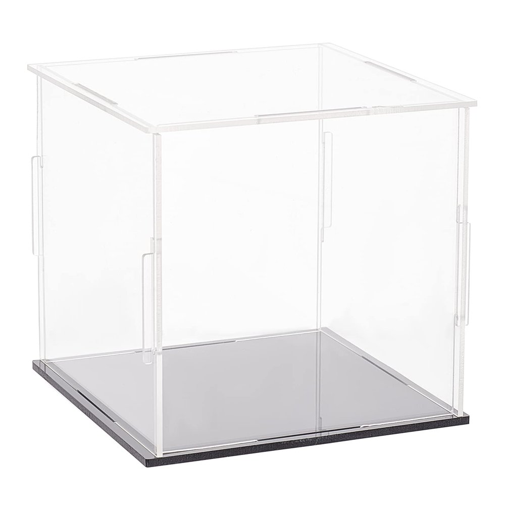 FINGERINSPIRE Clear Acrylic Display Case with Black Base 4x4x4 Inch Cube Clear Self-Assembly Acrylic Box Dustproof Protection Showcase for Action Figures Collectibles Toys