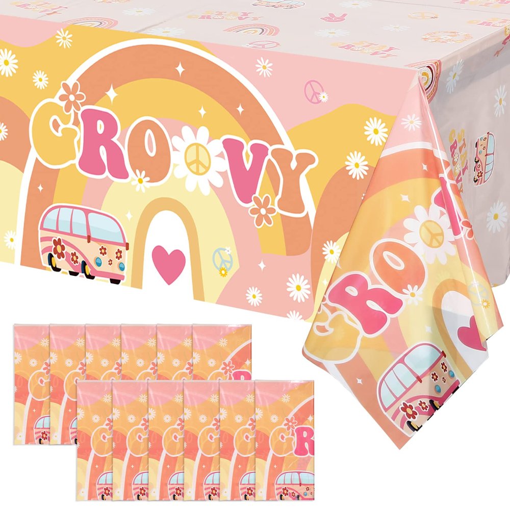 12 Pcs Two Groovy Party Plastic Tablecloths Groovy Retro Hippie Boho Party Decorations Rainbow Daisy Flower Rectangle Disposable Table Cover for Girls Star Groovy Daisy Birthday Party Supplies (12)