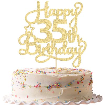1 Pack Happy 35th Birthday Cake Topper Gold Glitter 35 & Fabulous Cheers to 35 Years Old Birthday Cake Pick for Celebrating 35th Birthday Anniversary Party Cake Decorations Supplies