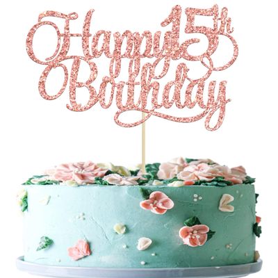 1 Pack Happy 15th Birthday Cake Topper Glitter Number 15 Fifteen Years Old Birthday Cake Pick Decoration for 15th Birthday Celebrating Anniversary Party Supplies Rose Gold