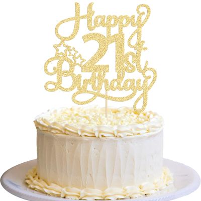 Ephlyn 1 Pack Gold Glitter 21st Birthday Cake Topper - Fabulous Cheers to 21 Years Old - Perfect for 21st Birthday Party & Anniversary Cake Decorations