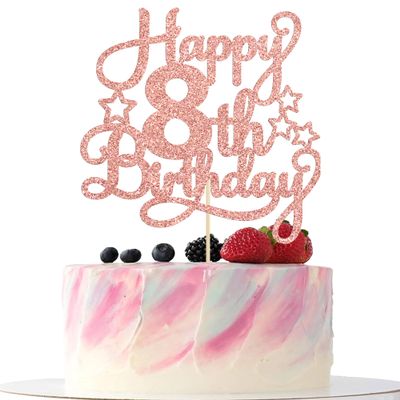 1 Pack Happy 8th Birthday Cake Topper Rose Gold Glitter 8th Birthday Cheers to 8 Years Old Birthday Cake Pick for Celebrating Anniversary Party Cake Decorations Supplies