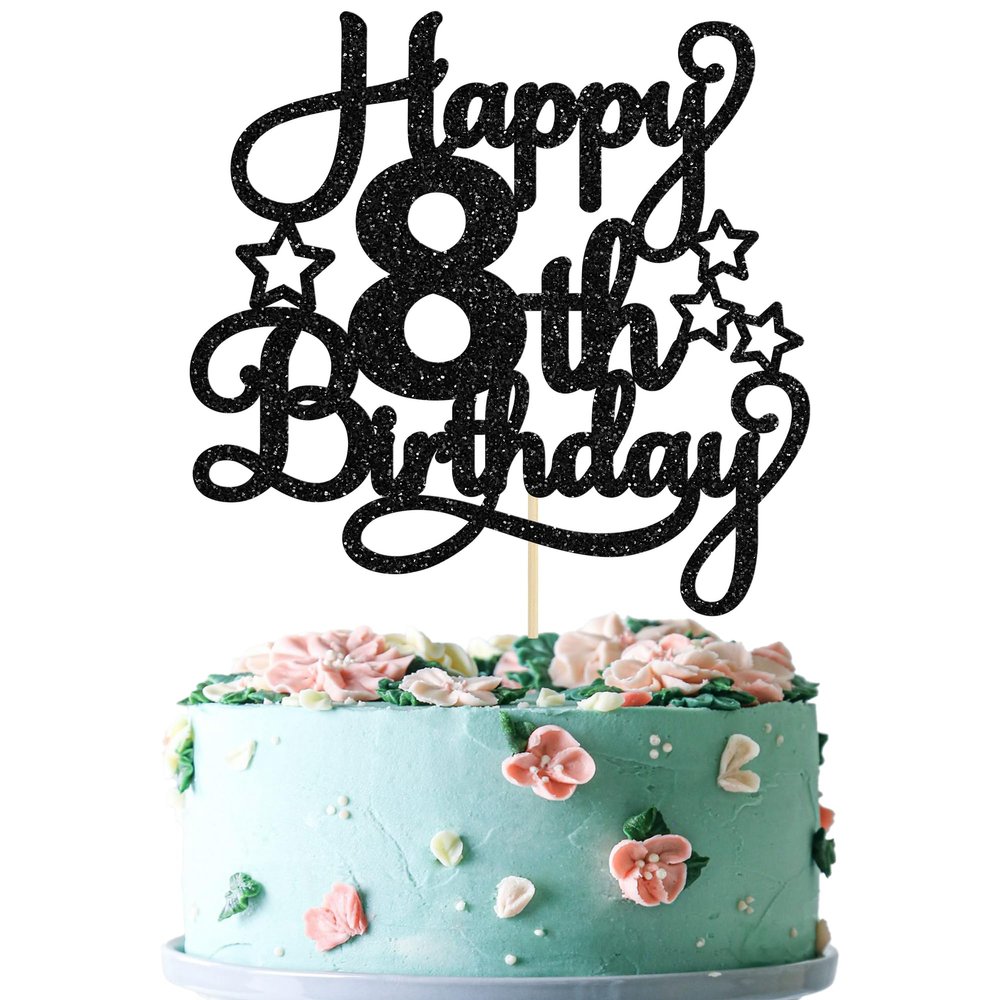 1 Pack Happy 8th Birthday Cake Topper Black Glitter 8th Birthday Cheers to 8 Years Old Birthday Cake Pick for Celebrating Birthday Anniversary Party Cake Decorations Supplies