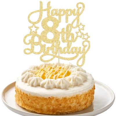 1 Pack Happy 8th Birthday Cake Topper Gold Glitter 8th Birthday Cheers to 8 Years Old Cake Pick for Celebrating Anniversary Party Cake Decorations Supplies