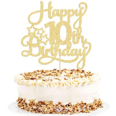 1 Pack Happy 10th Birthday Cake Topper Glitter Heart Star 10 Fabulous Cake Pick Birthday Sign Cake Decorations for Children 10th Birthday Theme Party Supplies Gold