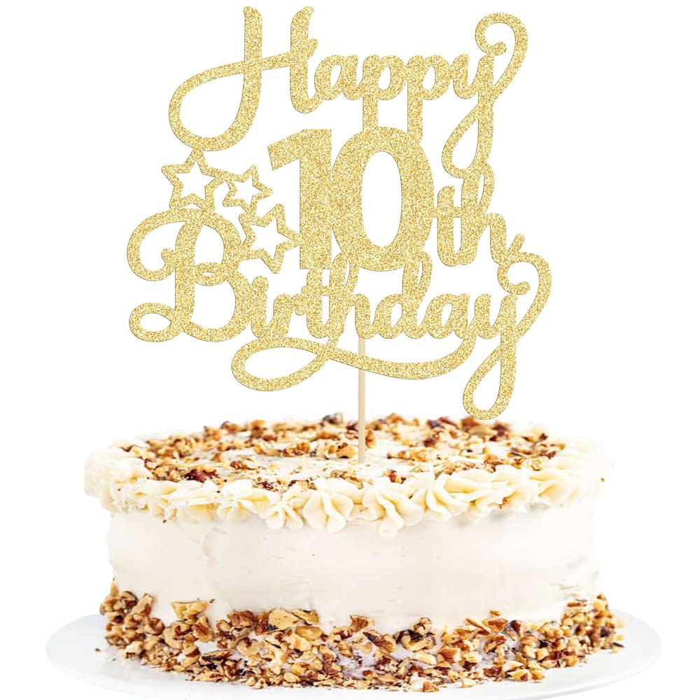 1 Pack Happy 10th Birthday Cake Topper Glitter Heart Star 10 Fabulous Cake Pick Birthday Sign Cake Decorations for Children 10th Birthday Theme Party Supplies Gold