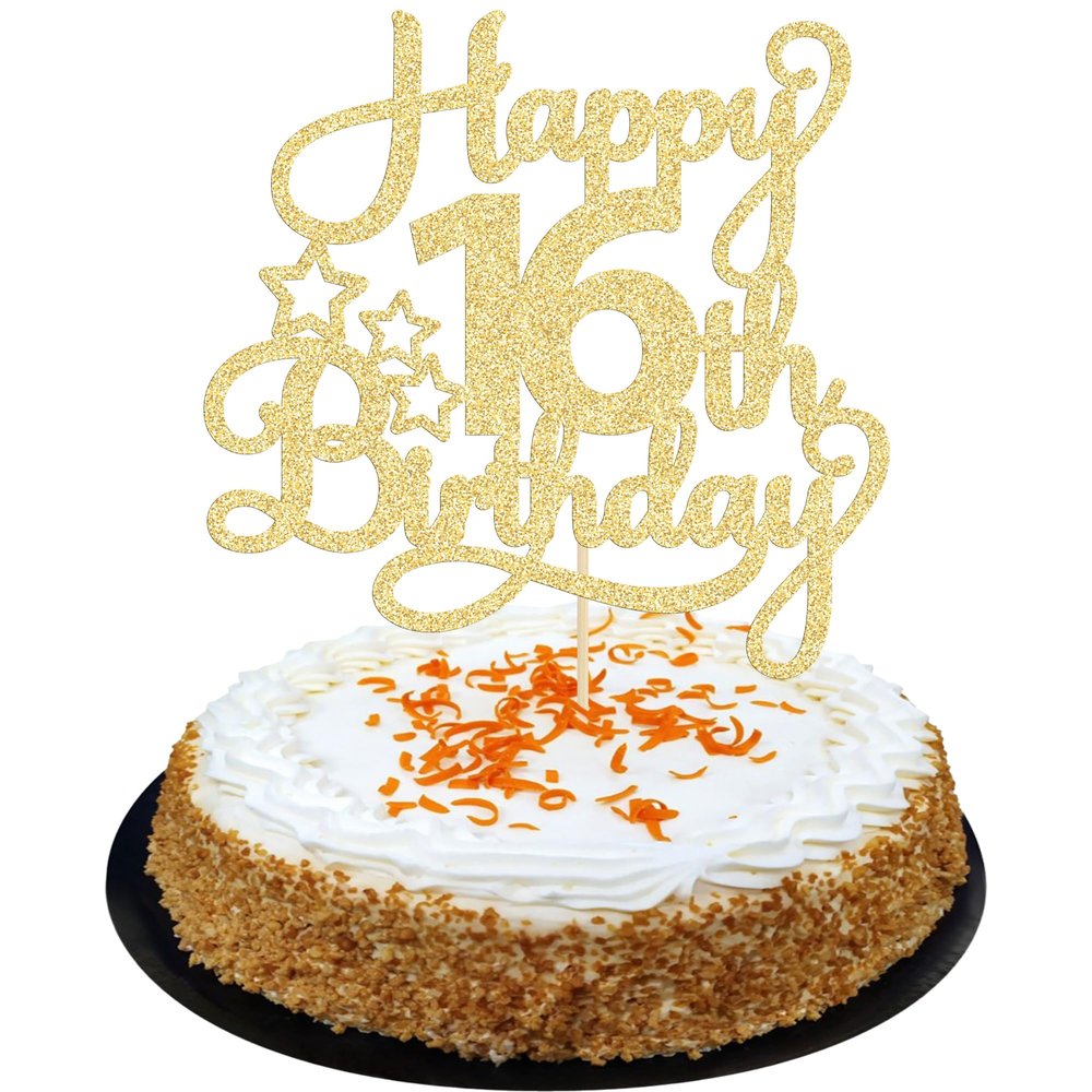 1 Pack Happy 16th Birthday Cake Topper Glitter Sweet 16 Cake Pick Birthday 16th Birthday Cake Decorations for Children 16th Theme Party Supplies Gold
